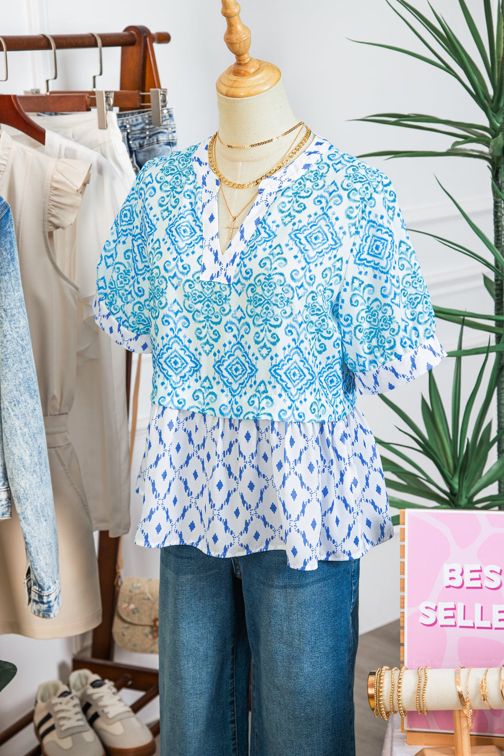 Sky Blue Boho Floral Geometric Patchwork Short Puff Sleeve Babydoll Blouse