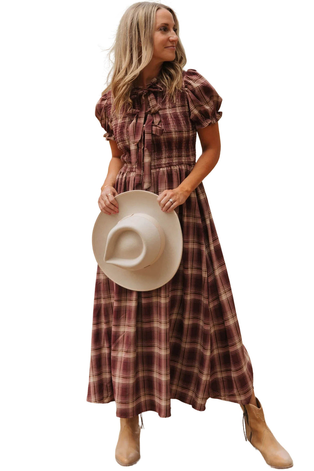 Red Vintage Plaid Knot Front Smocked High Waist Midi Dress