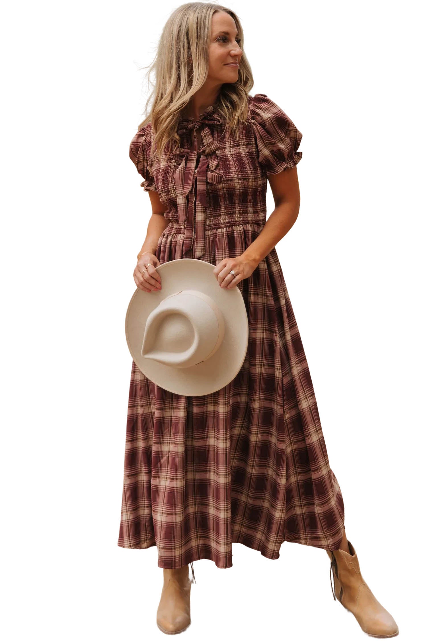 Red Vintage Plaid Knot Front Smocked High Waist Midi Dress