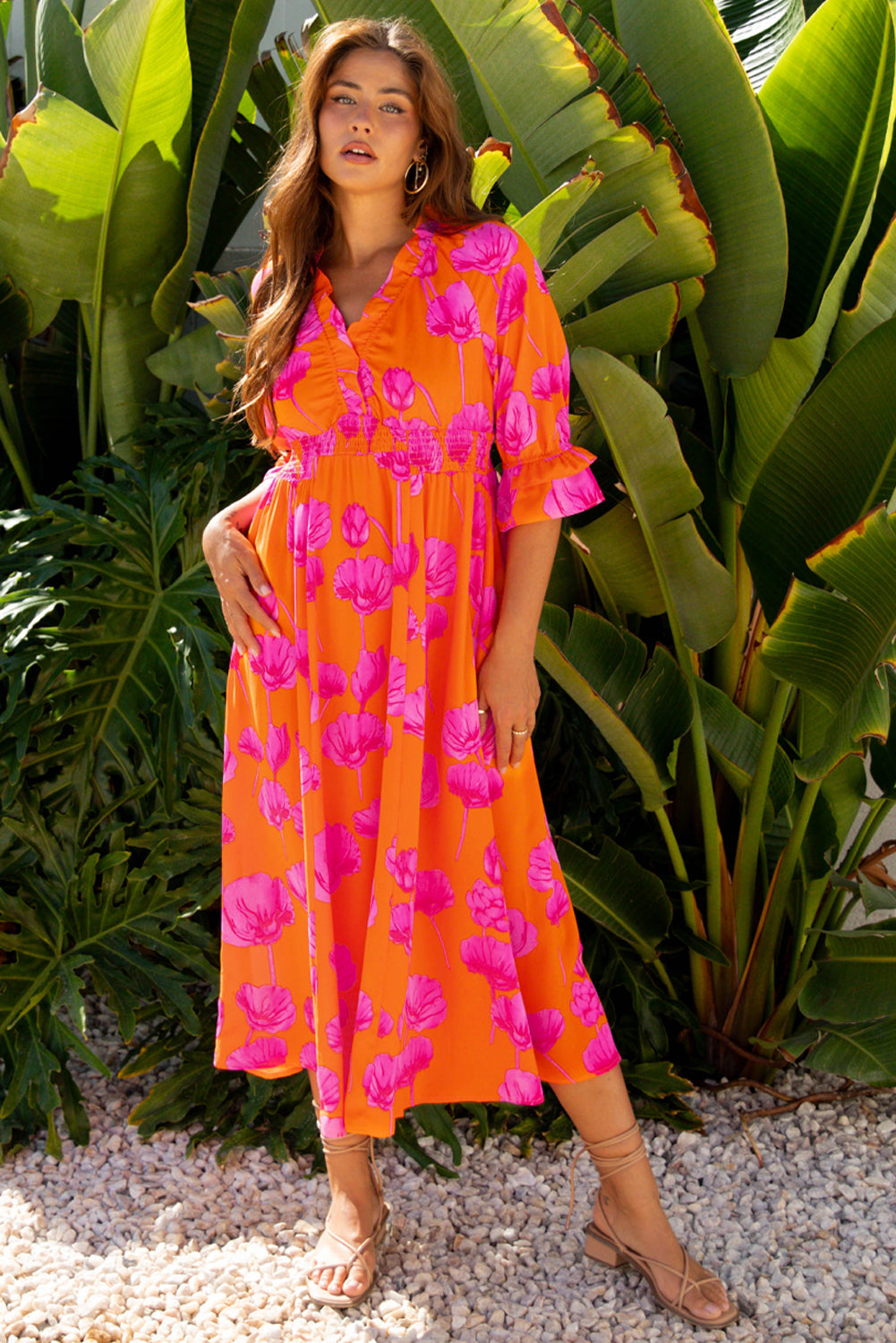 Orange Floral Print Frilly Smocked V Neck 3/4 Sleeve Long Dress