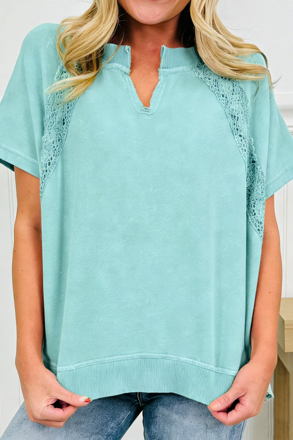Mint Green Raw Cut Notched Neck Lace Patchwork Detail Mineral Wash Tee