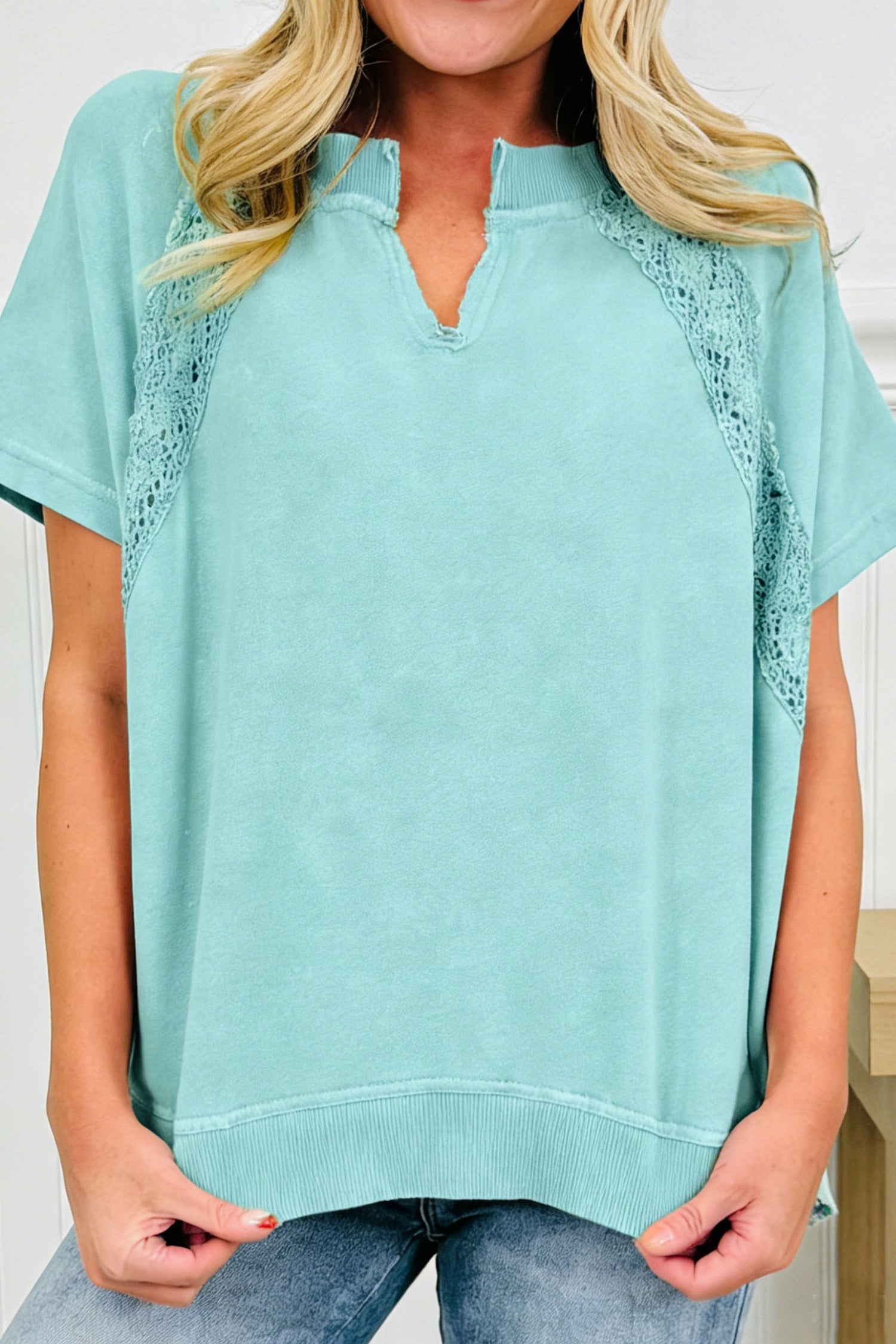 Mint Green Raw Cut Notched Neck Lace Patchwork Detail Mineral Wash Tee