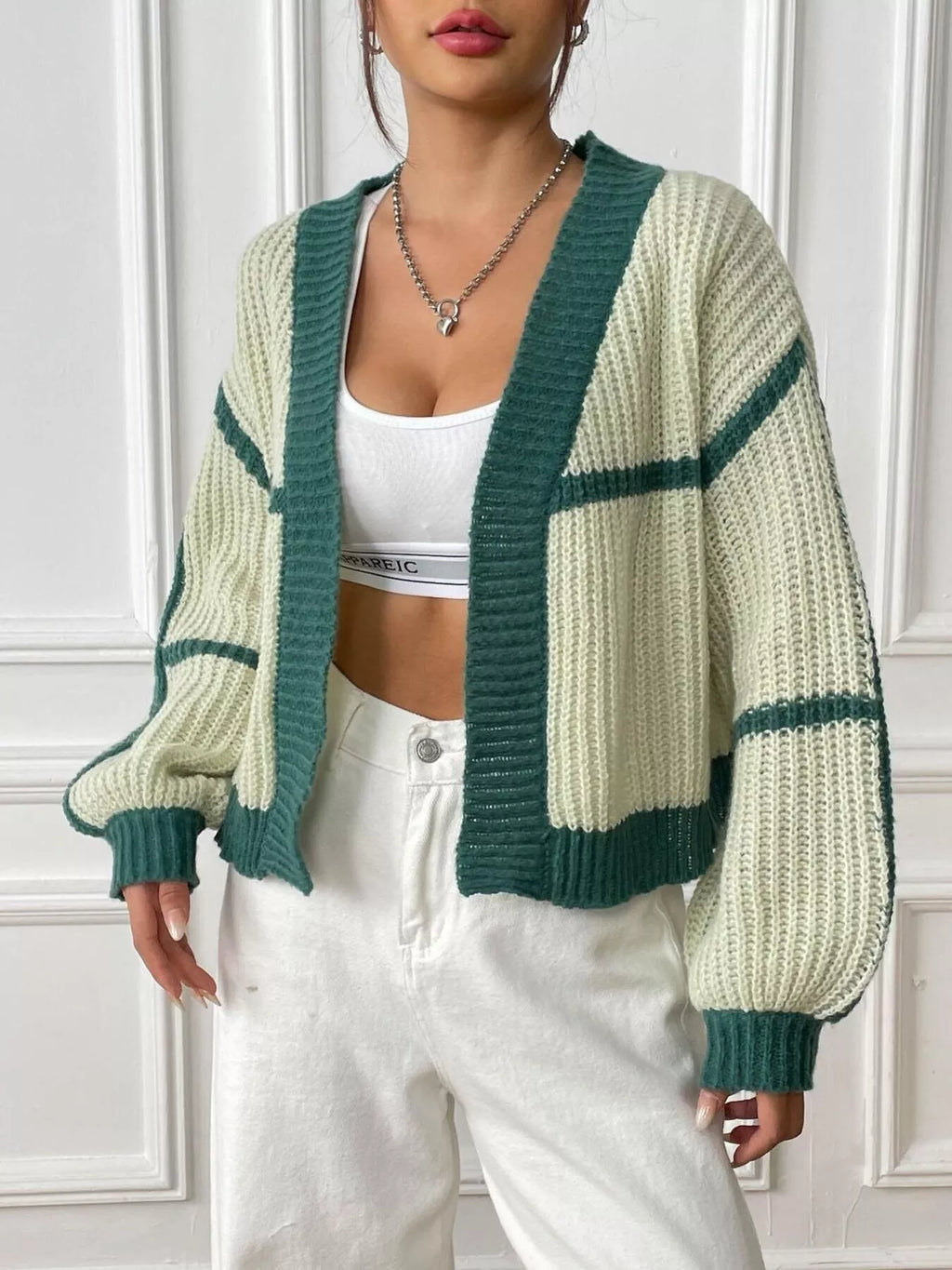 Color-Block Ribbed Knit Open-Front Cropped Cardigan