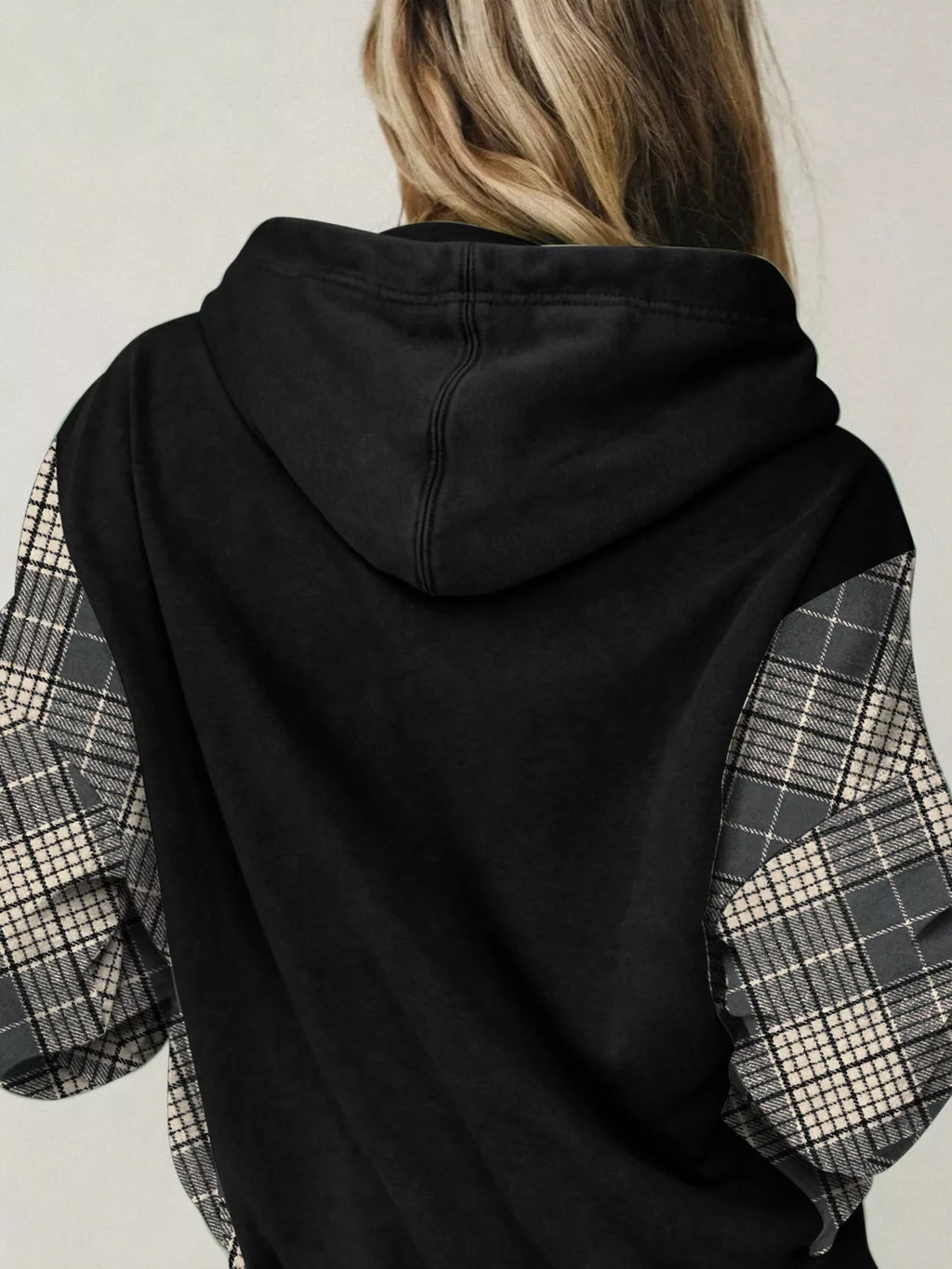 Plaid Sleeve Drawstring Pocket Hoodie