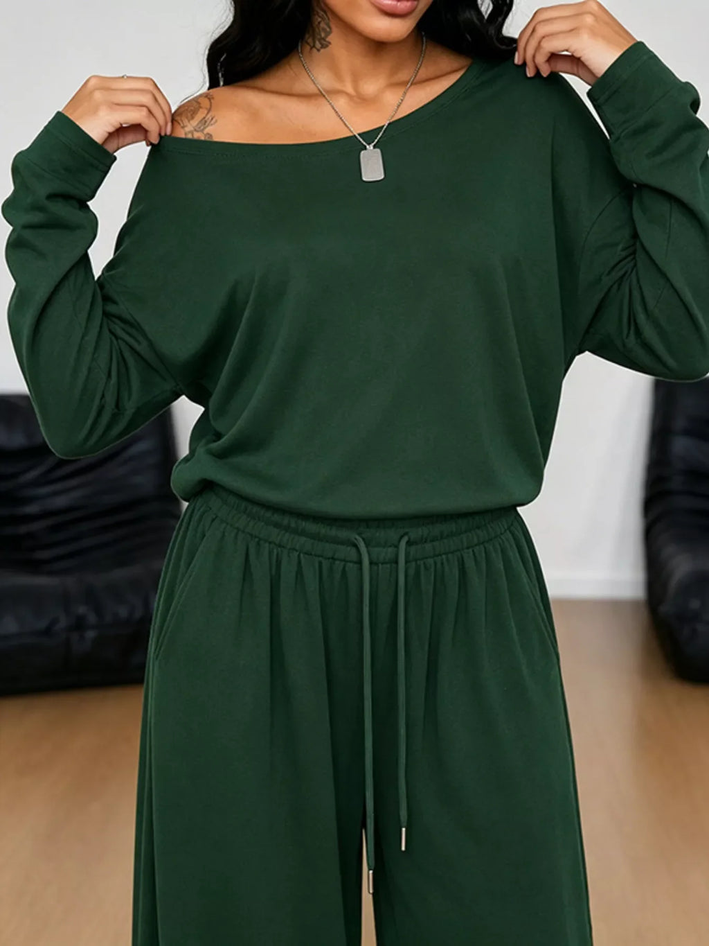 Full Size One-Shoulder Top and Drawstring Pants Set Plus Size