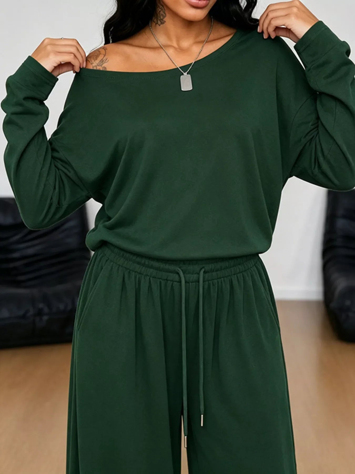 Full Size One-Shoulder Top and Drawstring Pants Set Plus Size