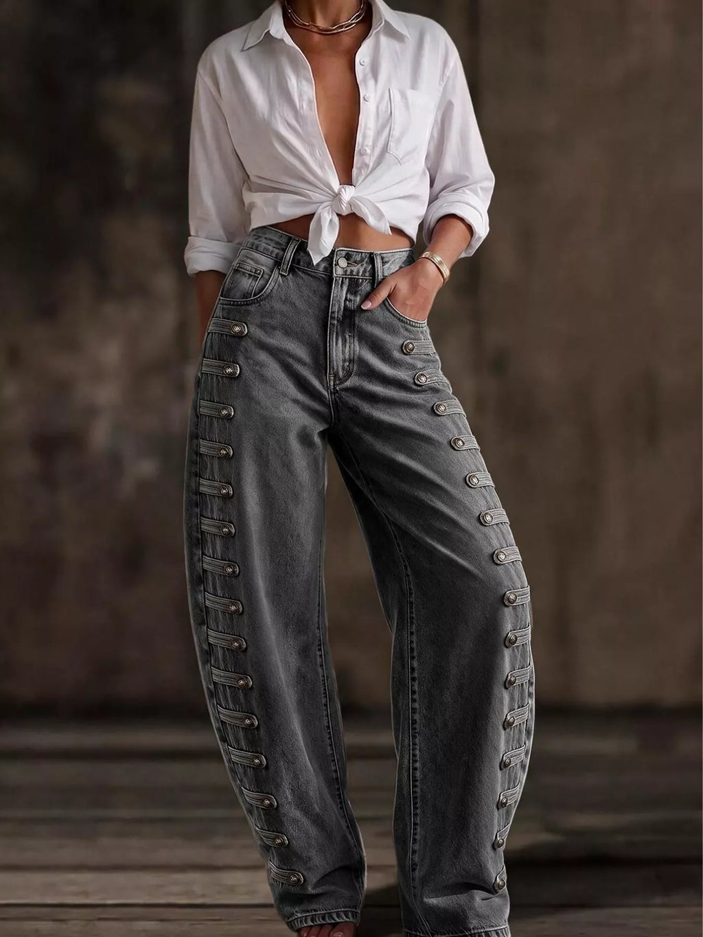 Decorative Button Wide Leg Jeans