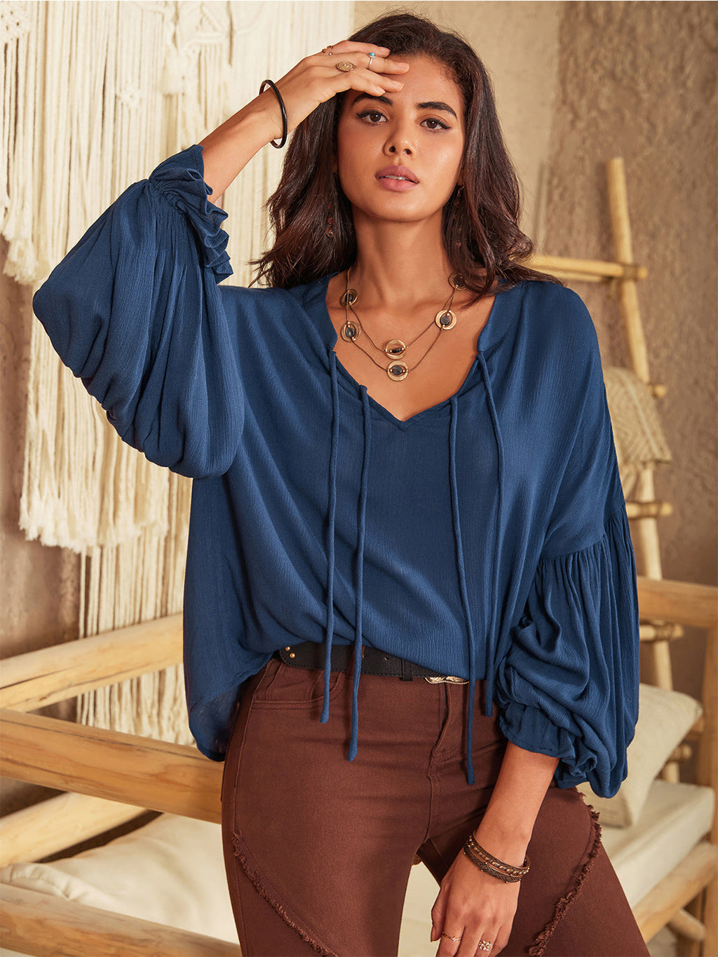 Tie Neck Long Sleeve Blouse in Viscose