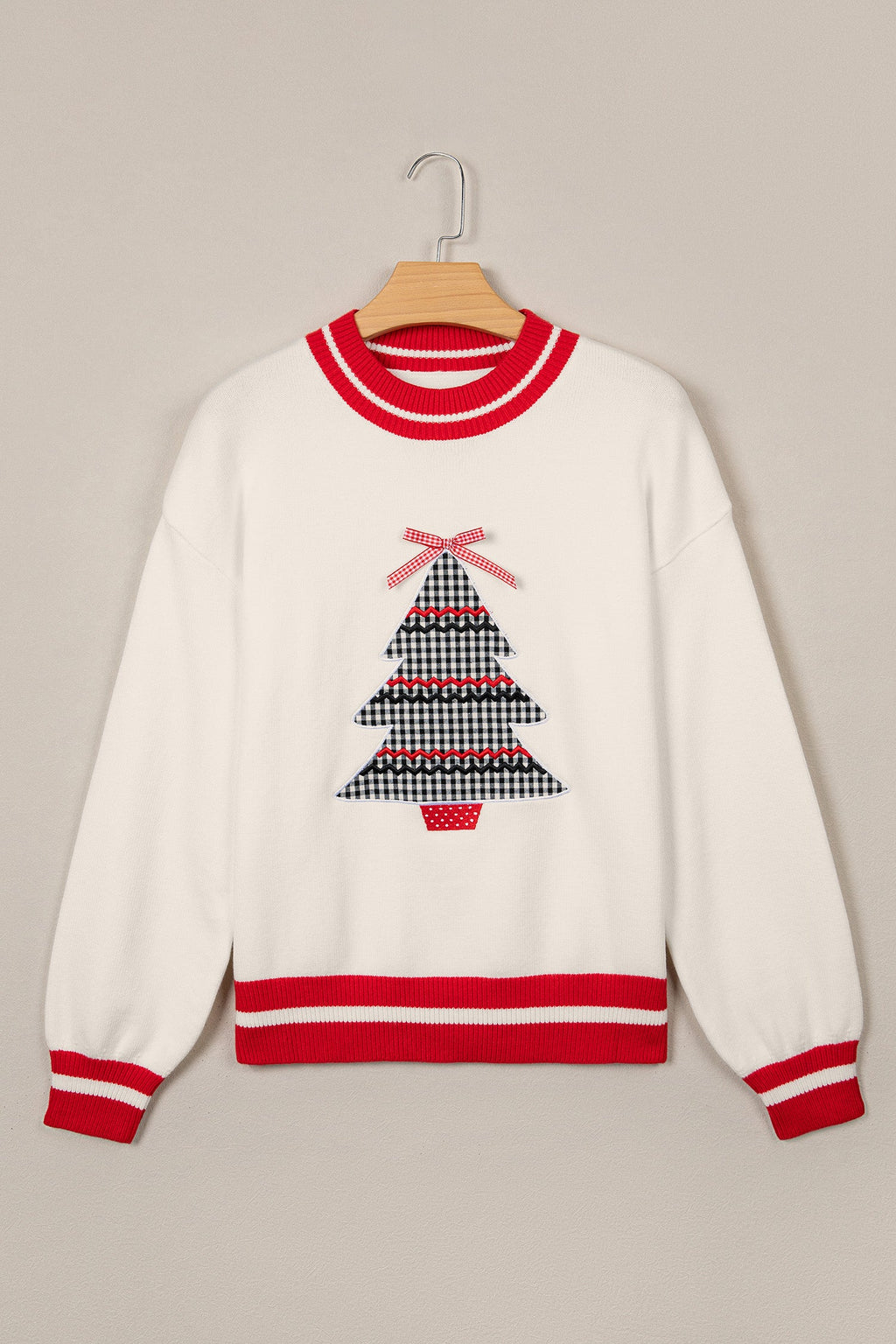 Christmas Tree Gingham Patch Embroidered Sweater