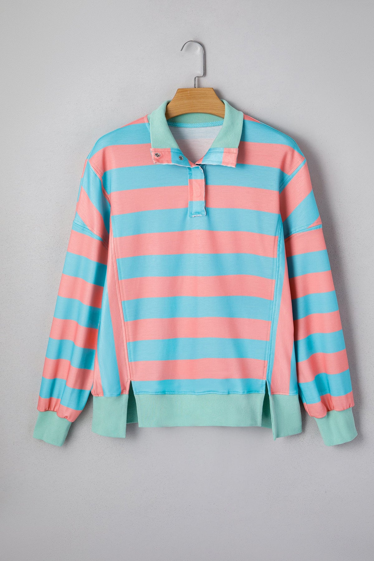 Colorblock Stripe Buttoned Collar Side Slit Top