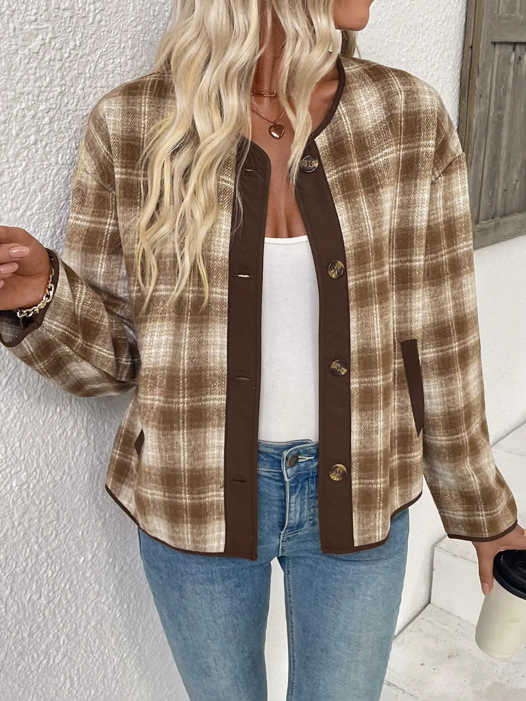 Unlined Plaid Button-Up Jacket with Chest Pockets