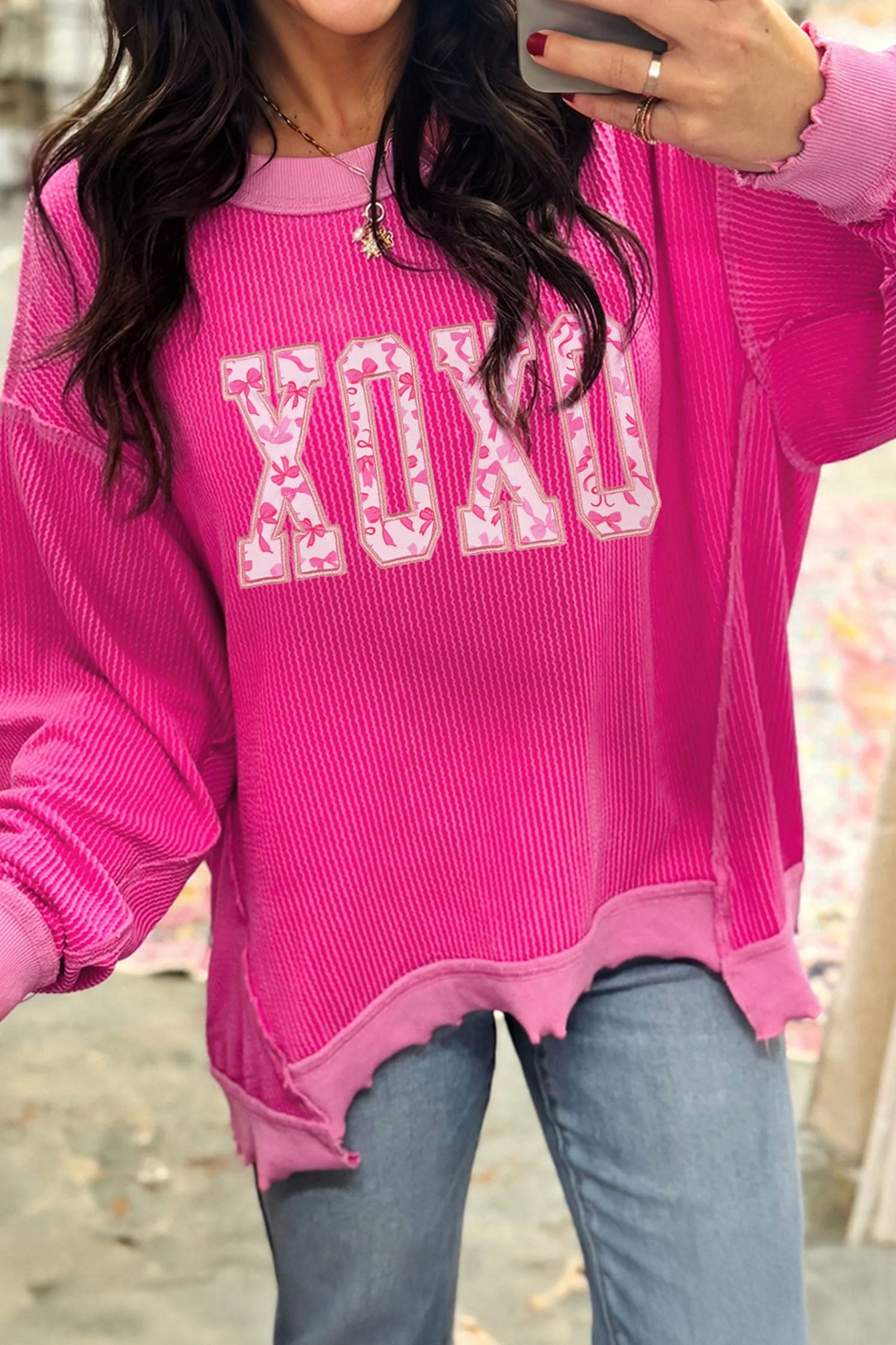 Strawberry Pink Twisted Ribbed Long Sleeve XOXO Bow Print Embroidered Patch Graphic Top