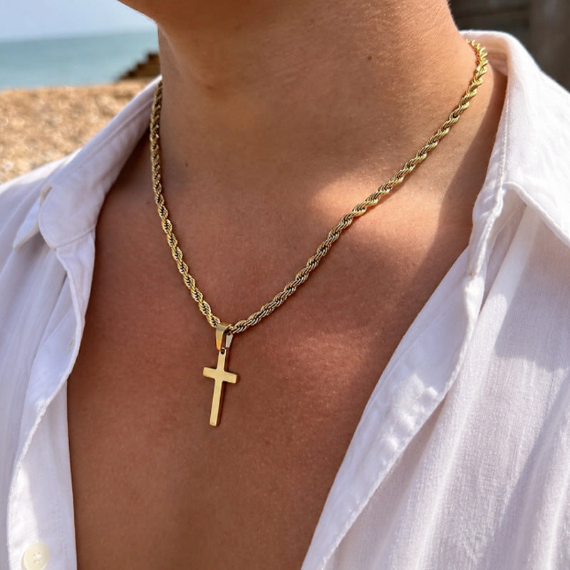 Cross-Border European And American Style Versatile Simple Waterproof Non-Fading Stainless Steel Men's Cross Pendant Necklace With A High-End Feel