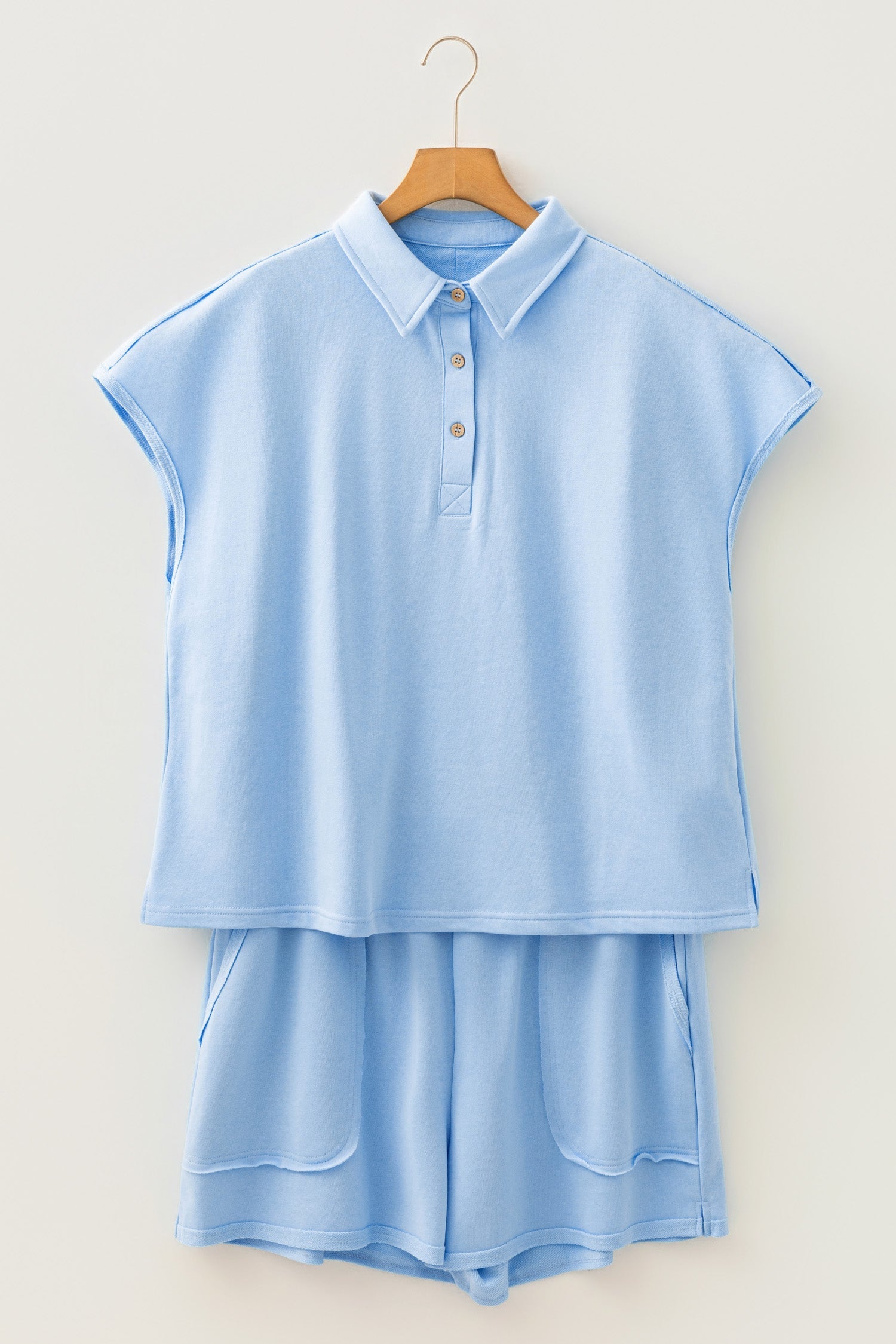 Mist Blue Solid Color Polo Tee Elastic Waist Shorts Plus Size Outfit