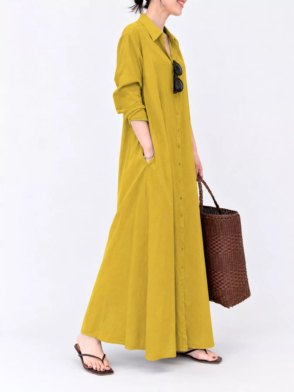 Full Size Button Front Long Sleeve Maxi Shirt Dress Plus Size