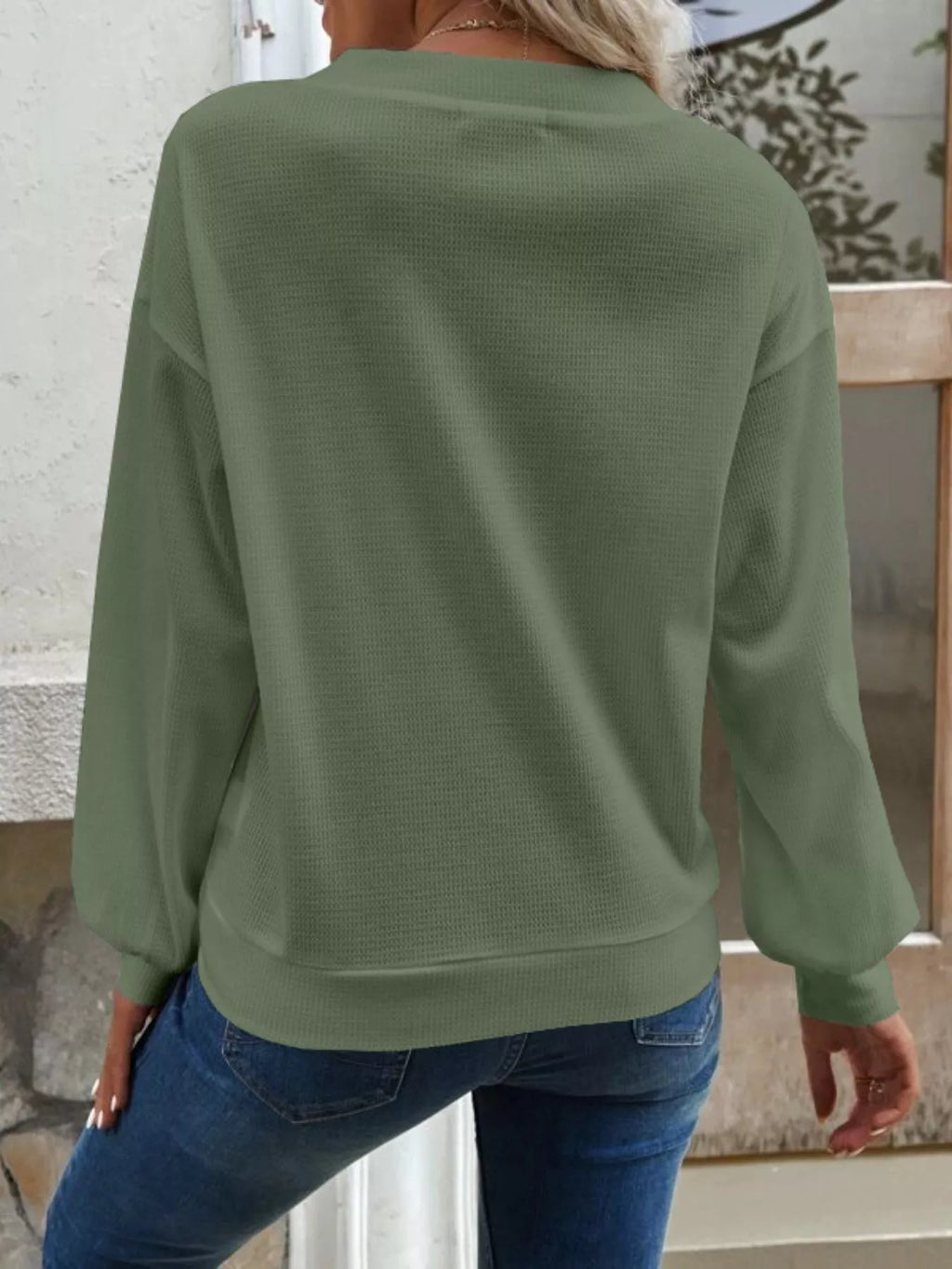 Casual V-Neck Waffle Long Sleeve Top