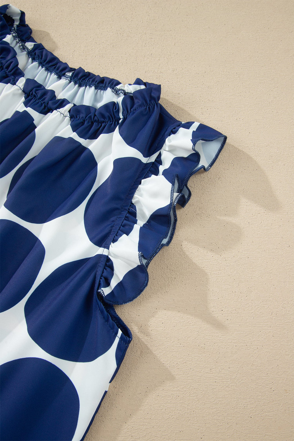 Blue Polka Dot Print Frilled Round Neck Shift Tank Top