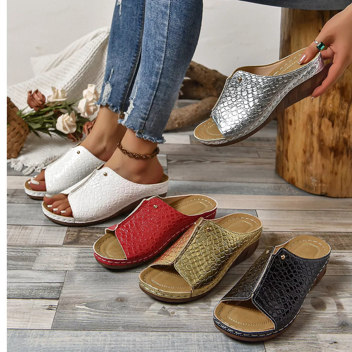 Crocodile-Embossed Wedge Sandals