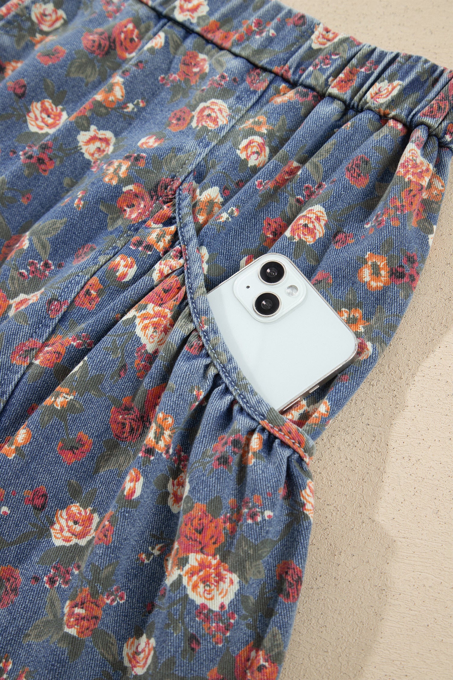 Beau Blue Retro Floral Print Elastic Waist Pocketed Barrel Jeans
