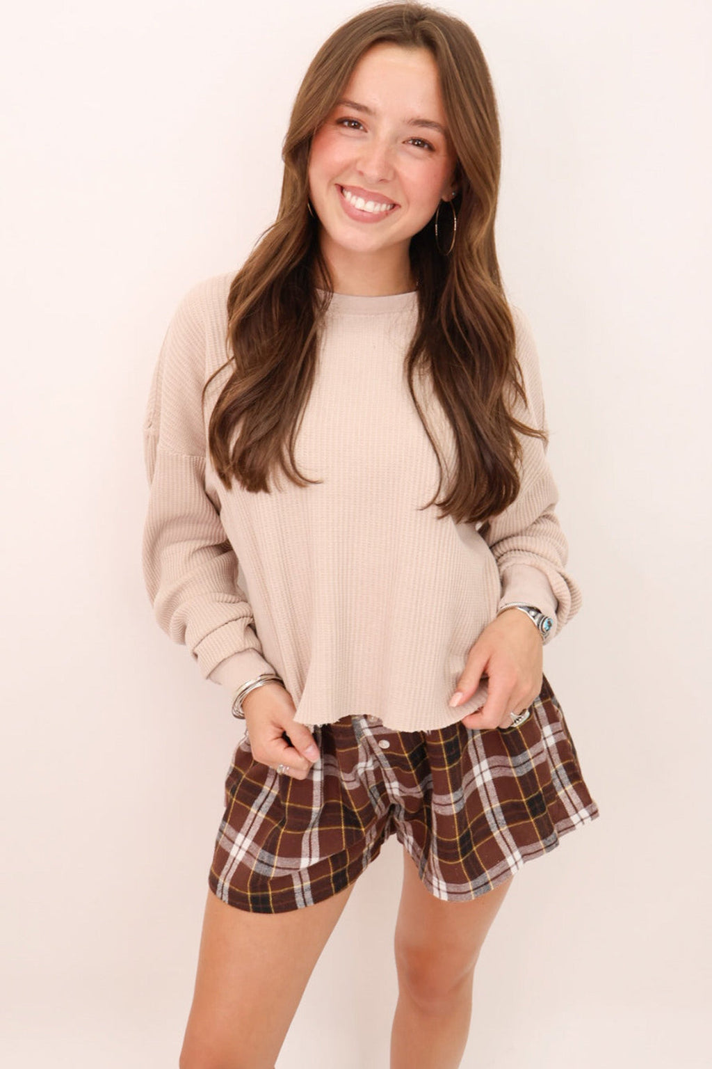 Brown Plaid Button Front Elastic Waist Shorts