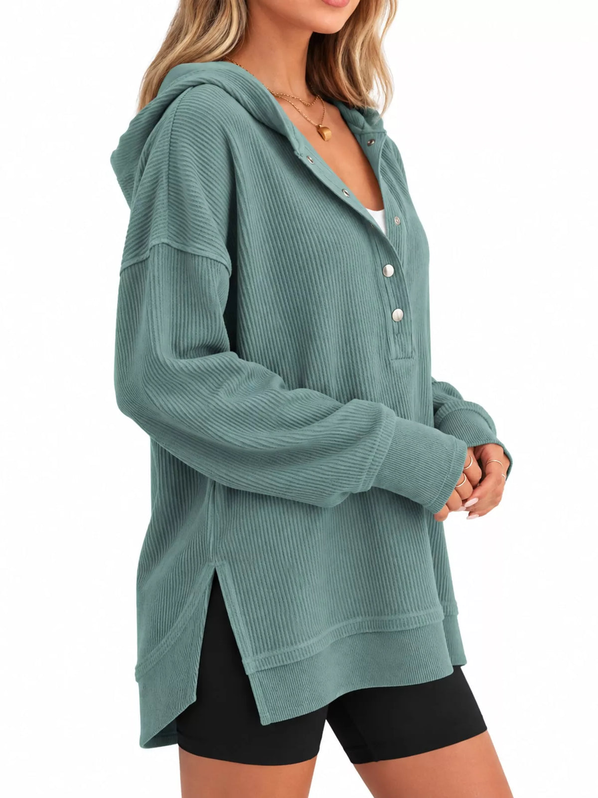 Full Size Snap Button Placket Dropped Shoulder Hoodie Plus Size