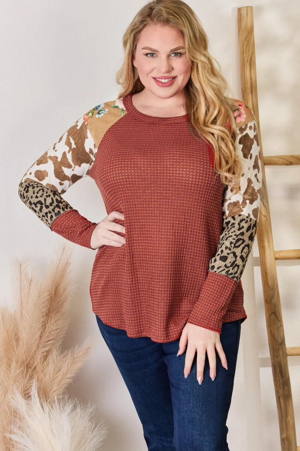 Leopard Print Waffle Knit Blouse with Raglan Sleeves