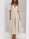 Elegant Puff Sleeve V-Neck Midi Dress