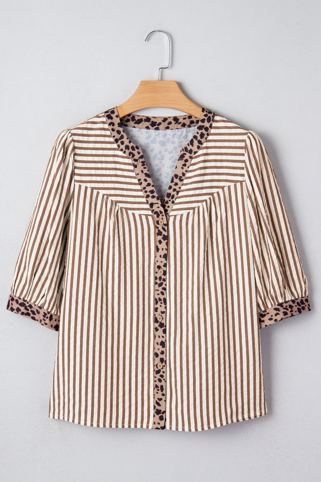 Stripe Leopard Trim V-Neck Buttoned Short Sleeve Shirt
