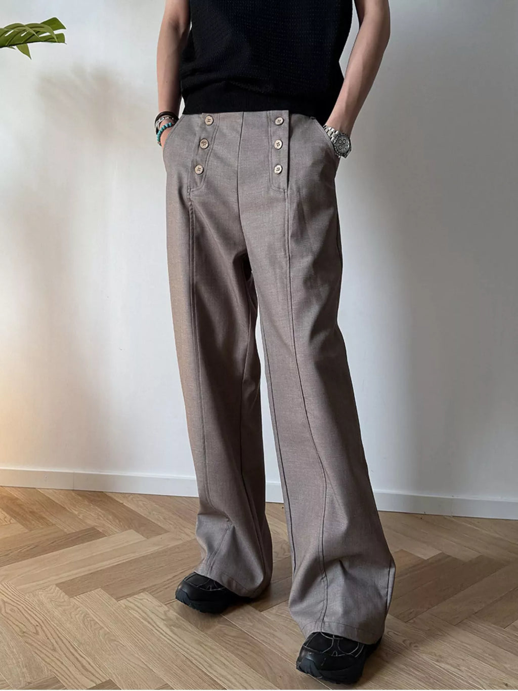 Men's  Button-Detailed Wide Leg Pants
