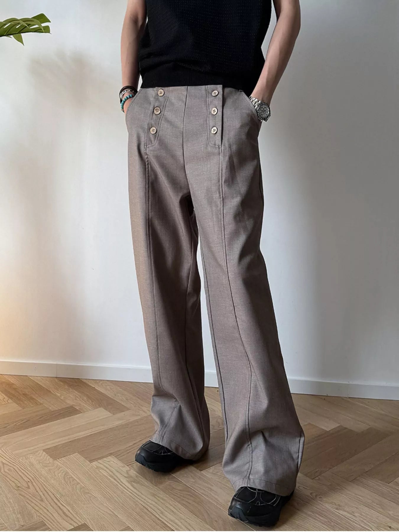 Men's  Button-Detailed Wide Leg Pants