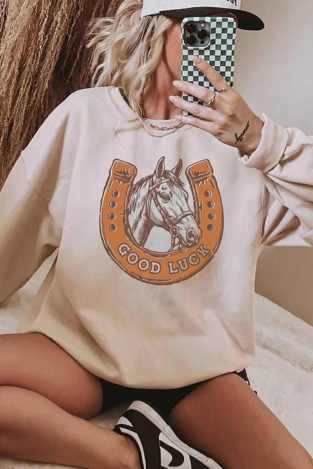 GOOD LUCK Western Horse Print Oversized Pullover Sweatshirt