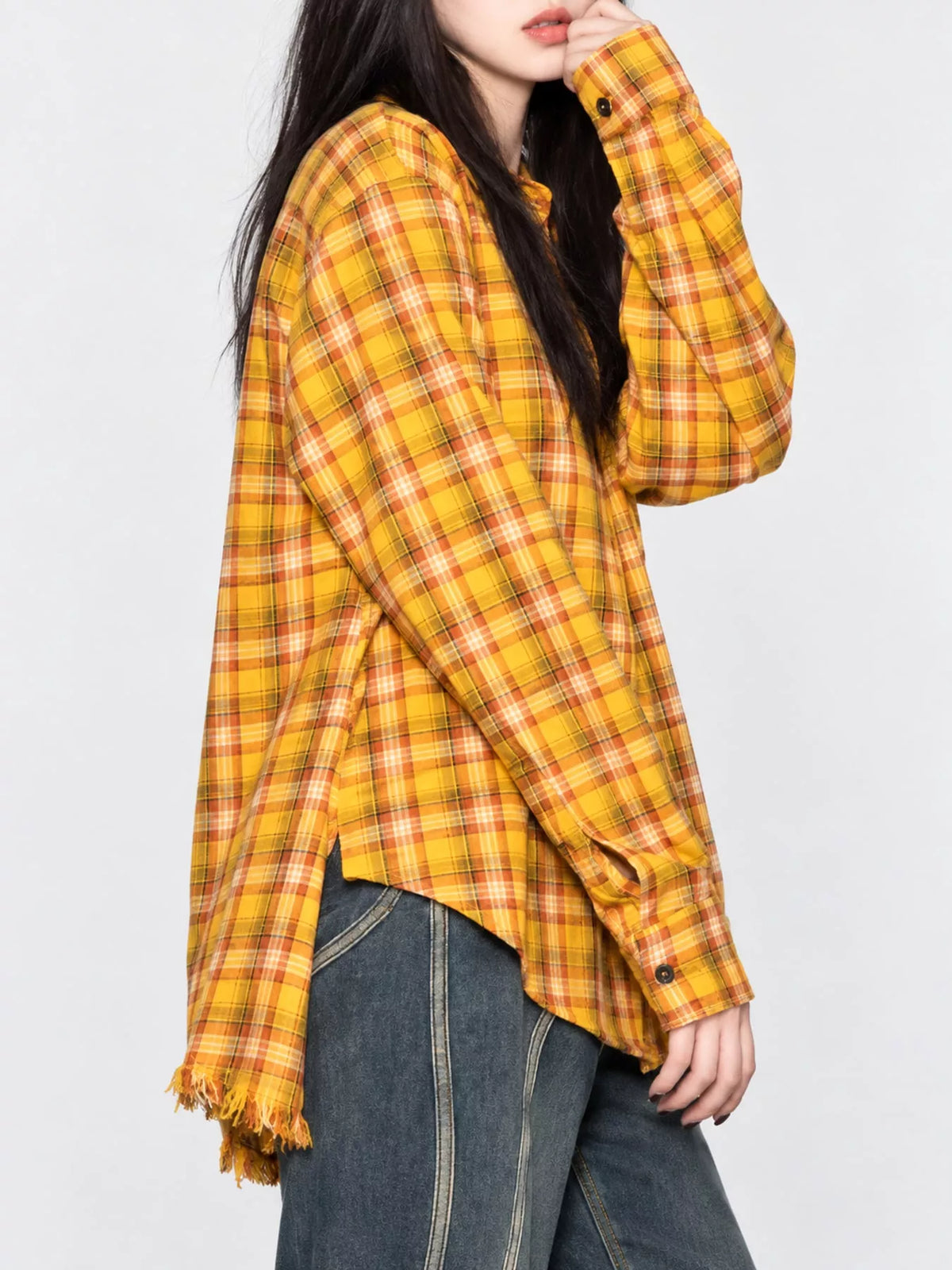 Plaid Frayed Hem Button Up Shirt