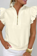 Beige Zipped up Collared Ruffled Short Sleeve Blouse