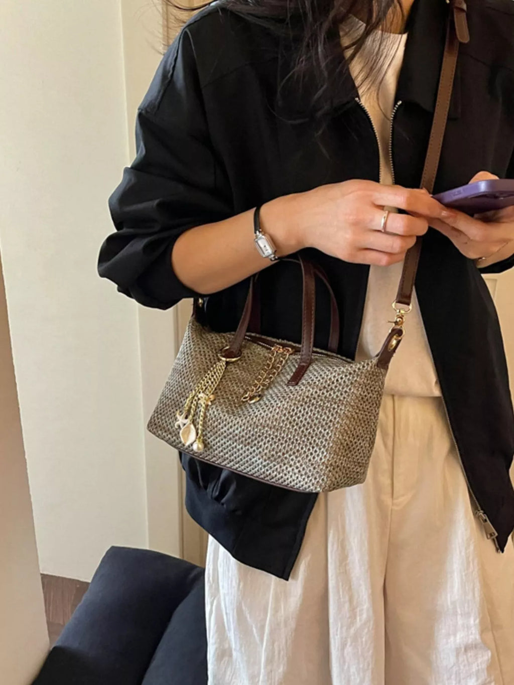 Woven Crossbody Bag with Gold Chain Accents
