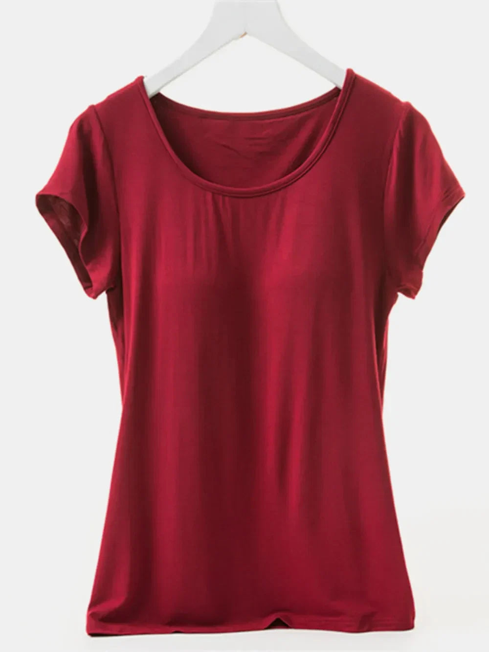 Round Neck Short Sleeve T-Shirt with Bra: Burgundy