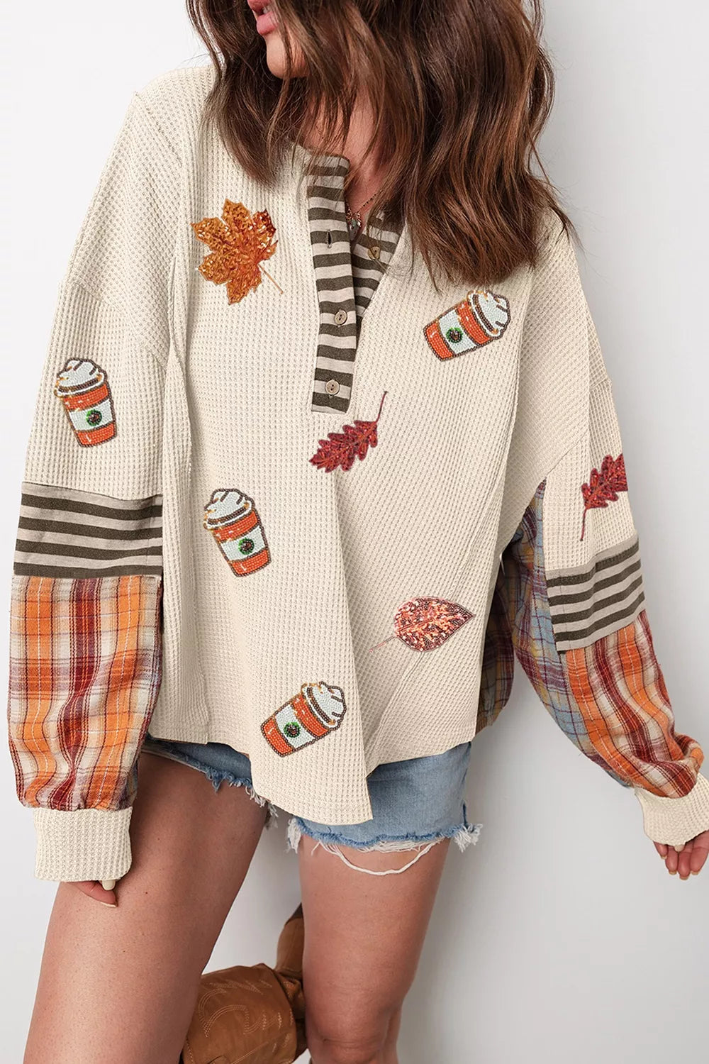 Sequin Autumn Leaf & Coffee Cup Waffle Knit Top