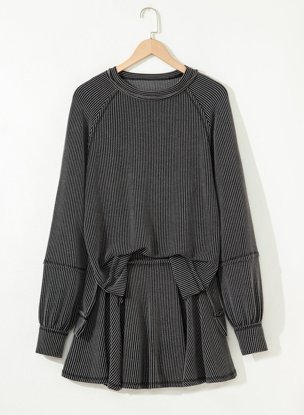 Dark Grey Corded Lantern Sleeve Top High Waist Ruffled Mini Skort Set