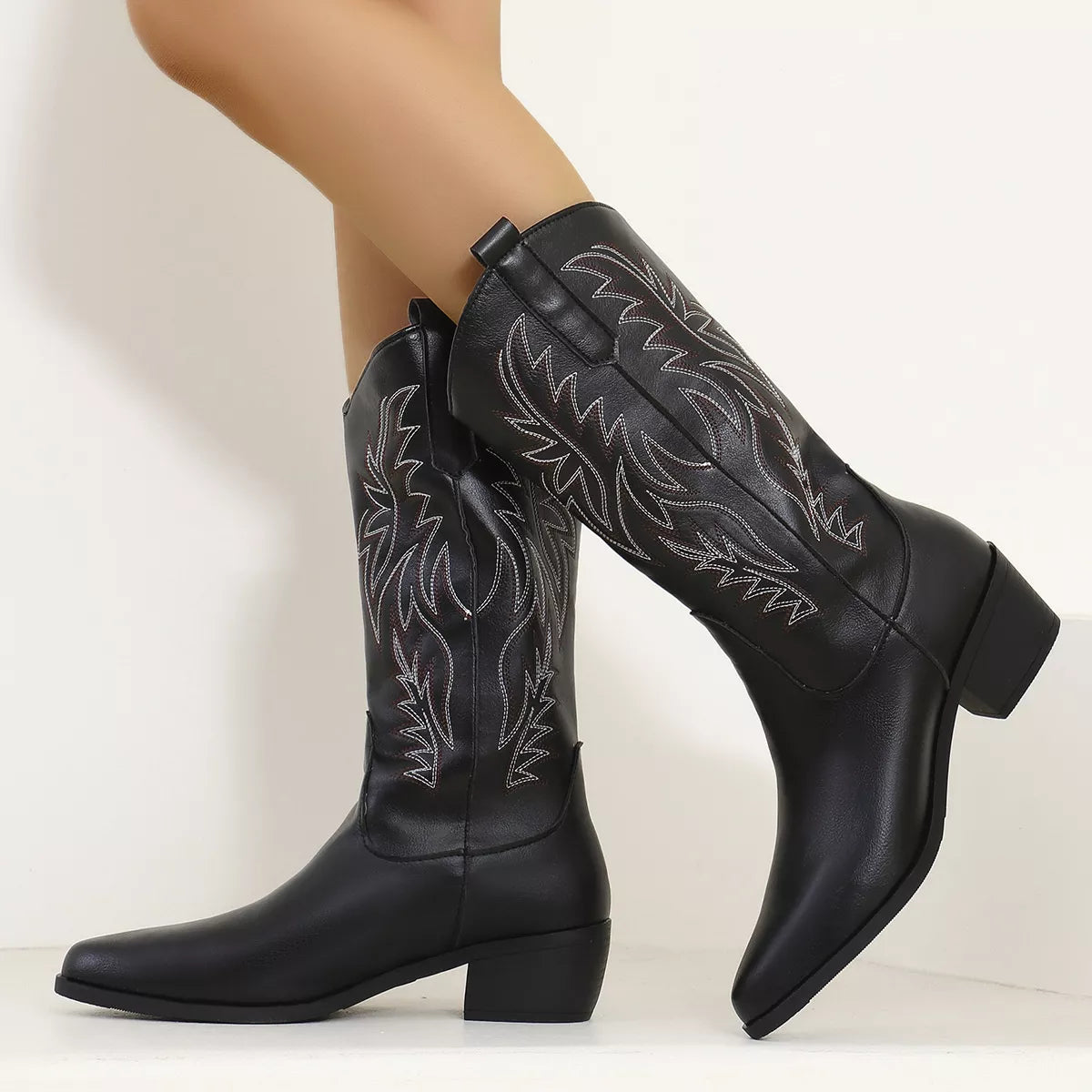 Embroidered Point Toe Block Heels Boots