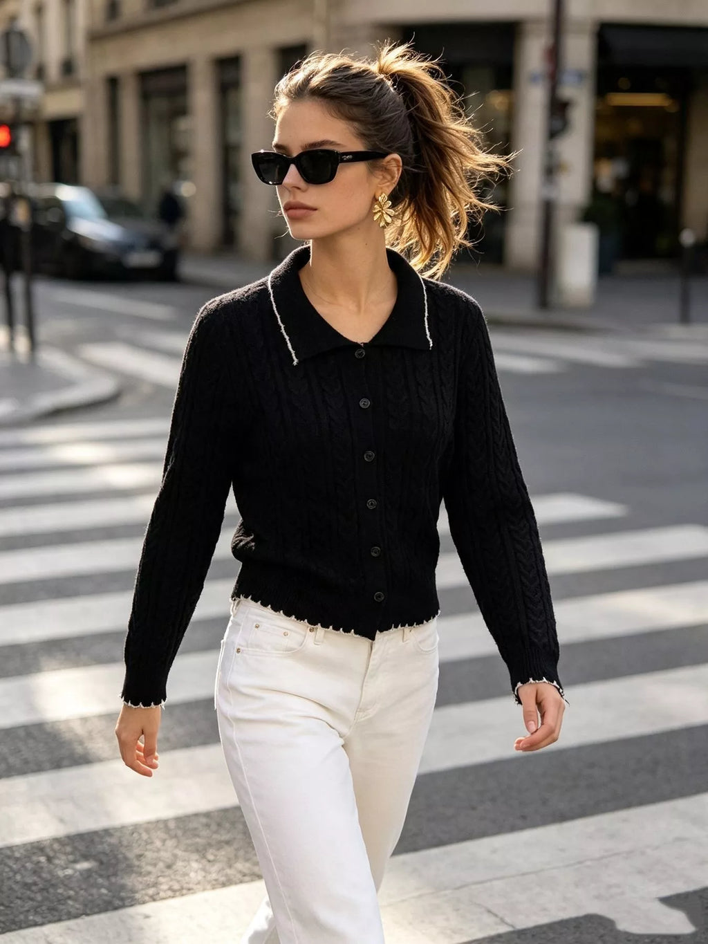 Cable Knit Polo Collar Button-Up Cardigan