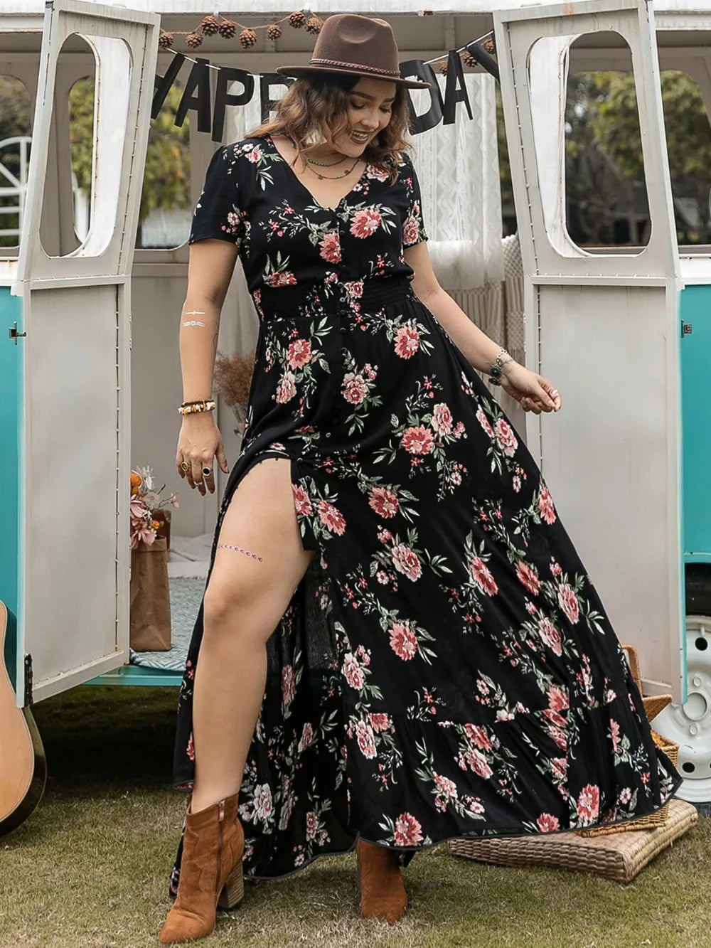 Button Detail Printed V-Neck Short Sleeve Maxi Dress