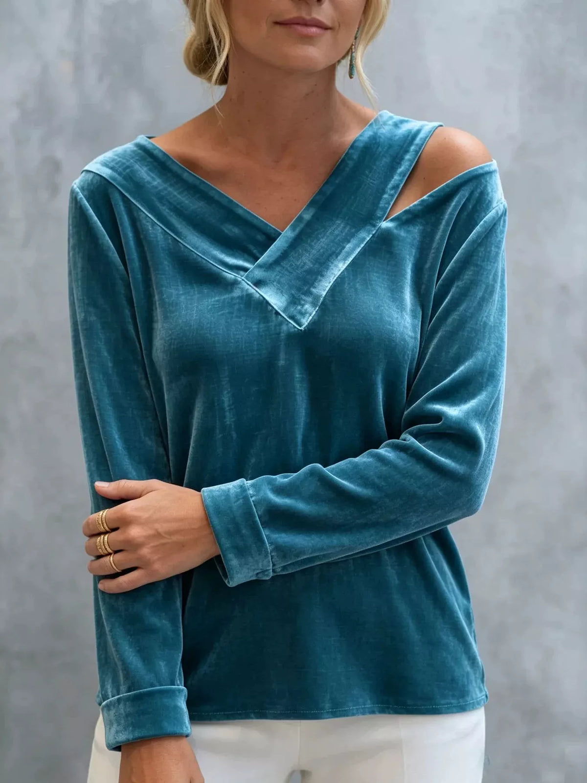 Full Size Velvet Cold-Shoulder V-Neck Blouse Plus Size