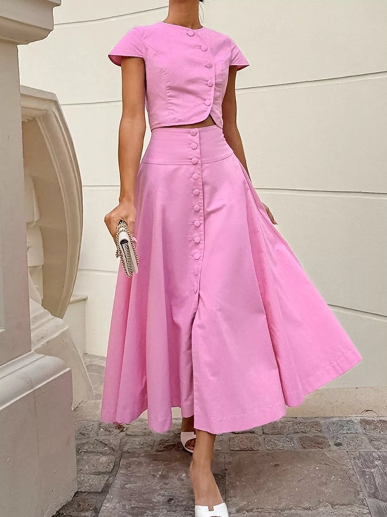 Cap Sleeve Button-Down Crop Top and Midi Skirt Set