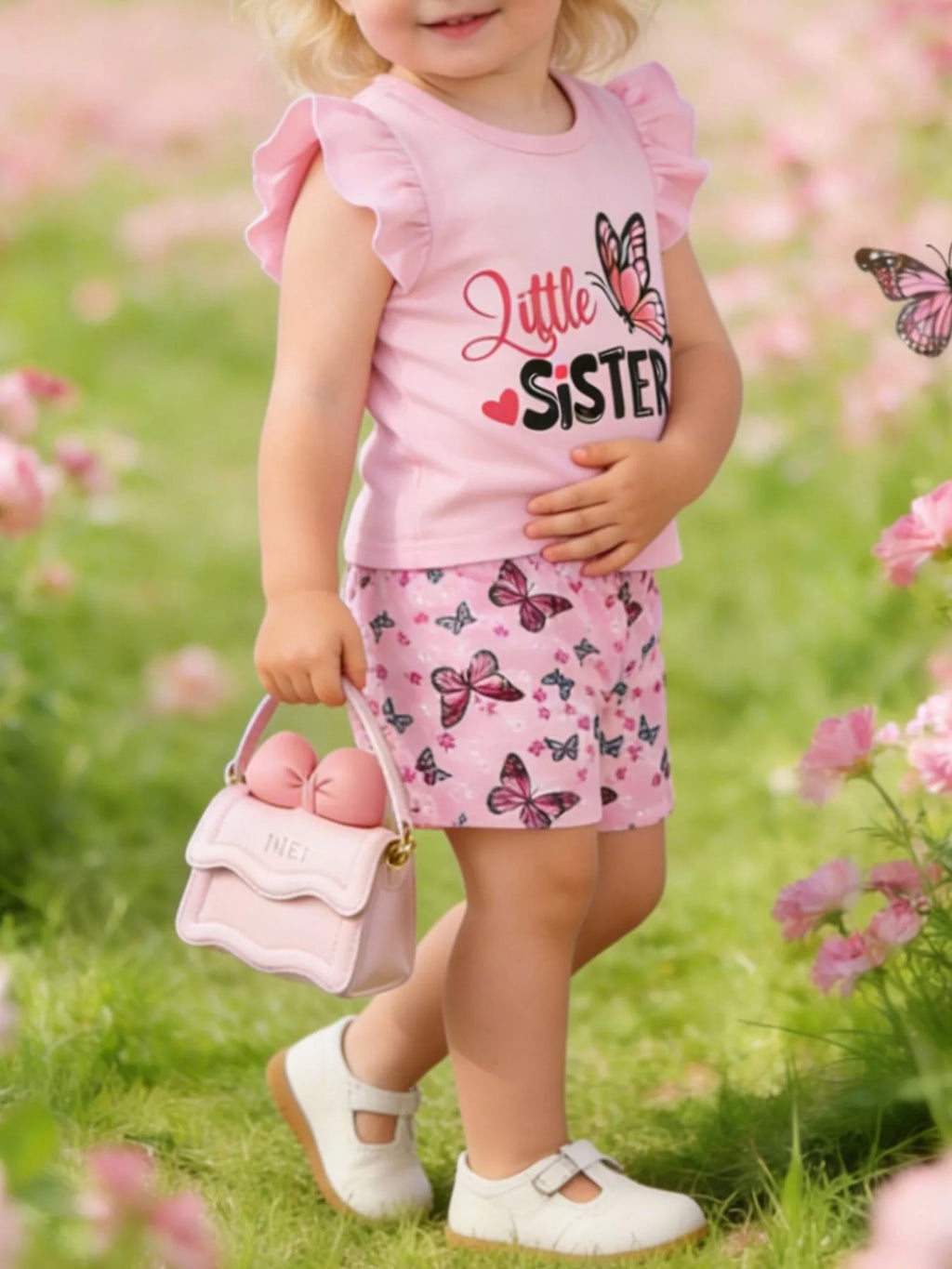 Children's Ruffled Butterfly T-Shirt and Shorts Set with Headband