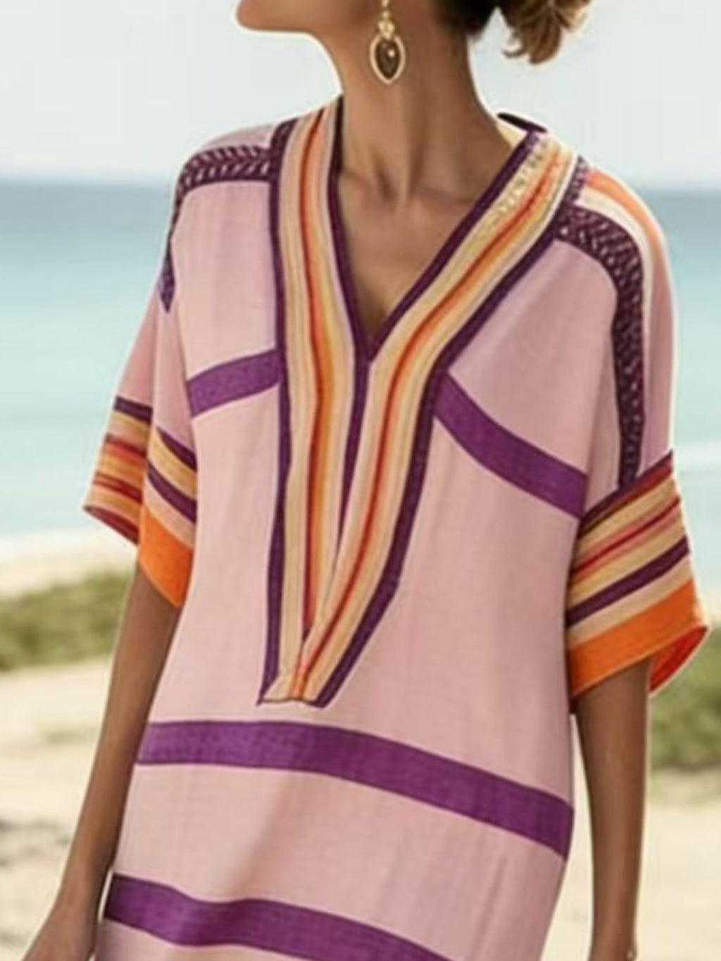 Striped Half Sleeve Midi Dress