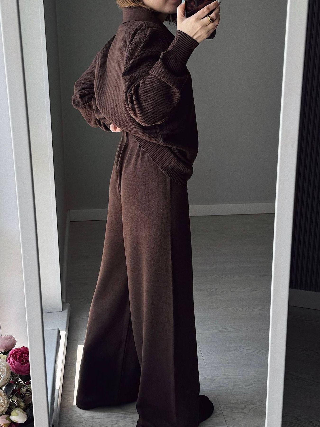 Polo Collar Top and Pants or Skirt Knit Set