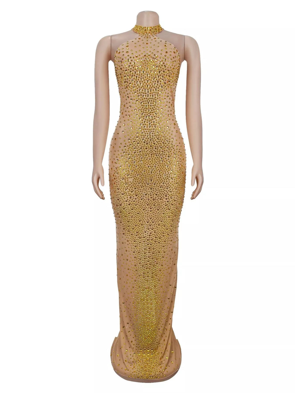 Rhinestone Embellished Mesh Dress with Back Slit