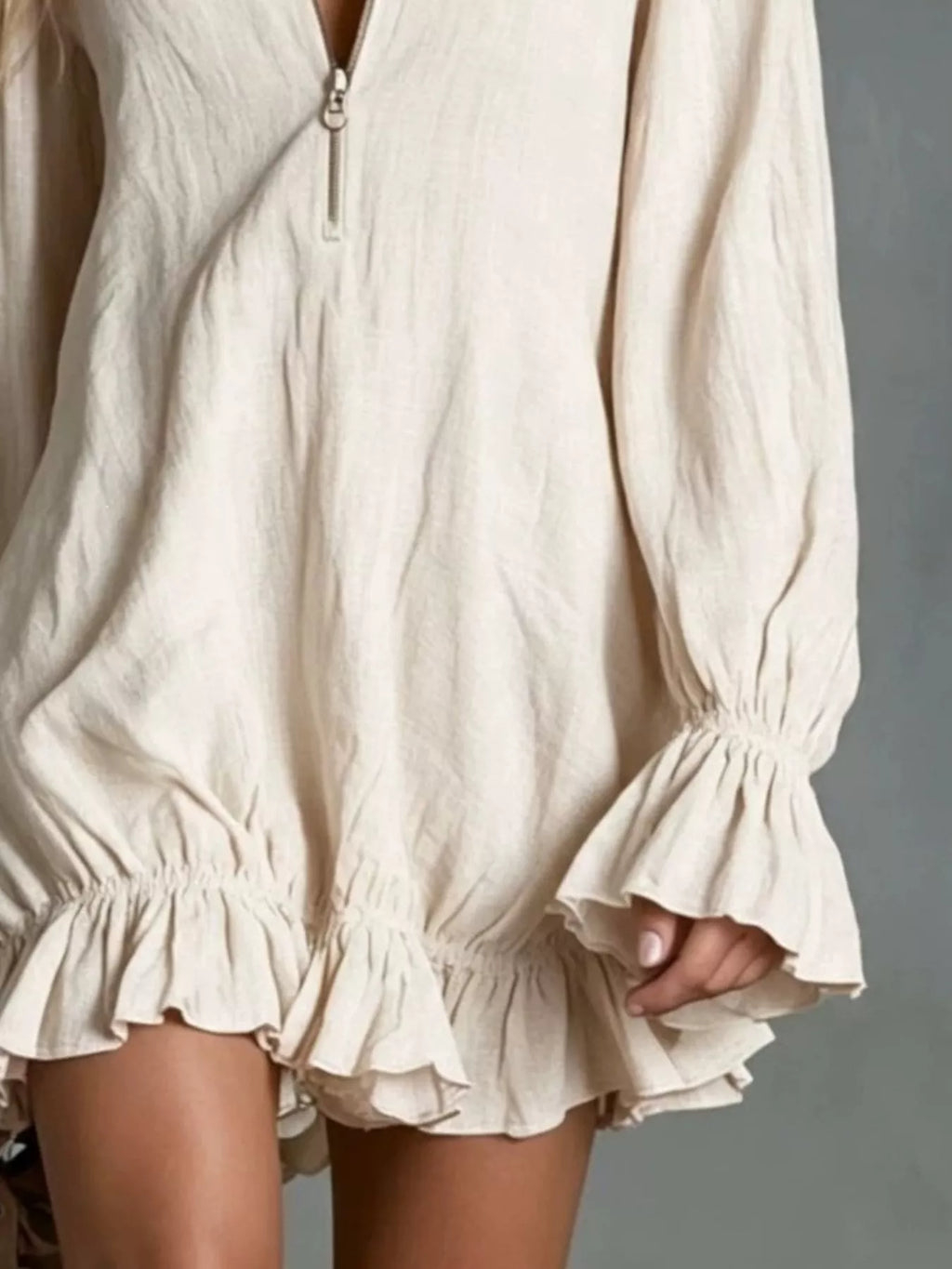 Zipper Front Ruffle Hem Flounce Sleeve Mini Dress