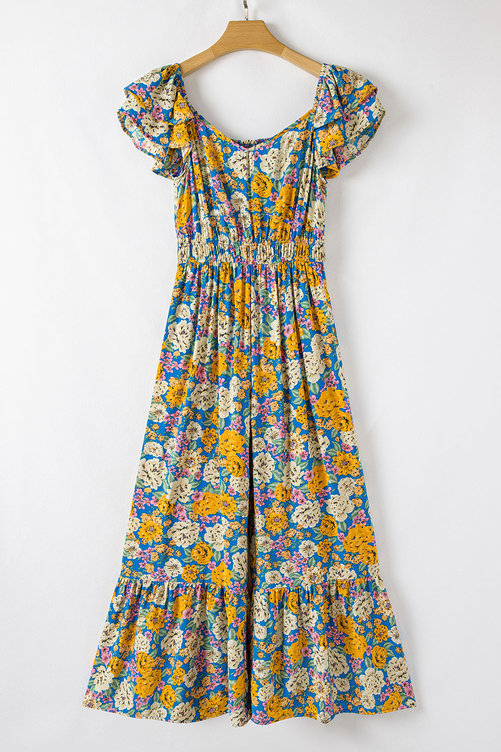 Floral Shirred High Waist Cut Out Jumpsuit