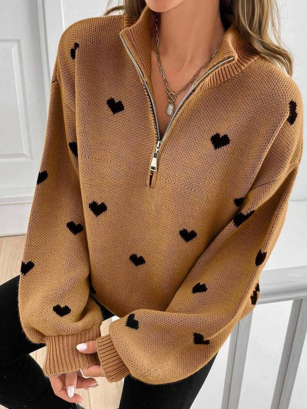 Full Size Heart Half-Zip Long Sleeve Sweater Plus Size