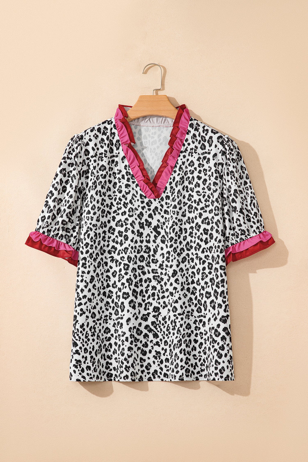 Gray Ruffled Trim V Neck Leopard Print Short Sleeve Blouse